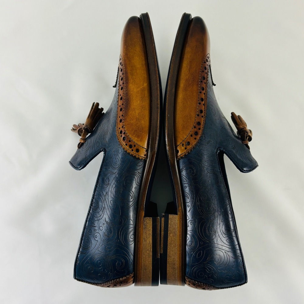Emilio Franco Navy Blue Paisley Cognac Leather Tassel Wingtip Loafers Italy Sz 7 - Picture 8 of 13